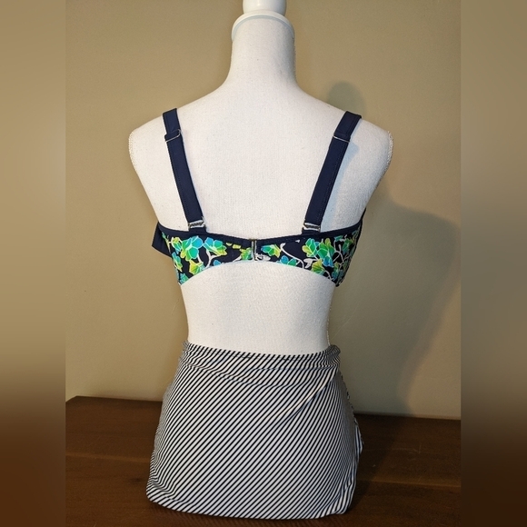 FULL COVERAGE floral ruffle top navy High Waisted BIKINI 2piece swim suit - Picture 5 of 16